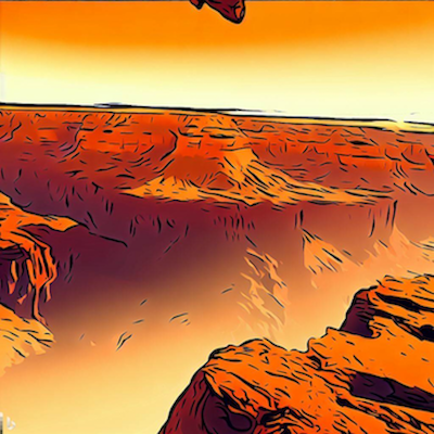 AI-generated surreal landscape of a deep orange canyon with glowing light, inspired by the author's ketamine experience